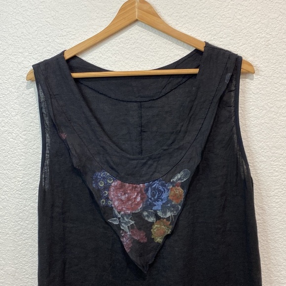 Women's Made in Italy Black Floral 100% Linen Lagenlook Boho Coastal Midi Dress - Picture 3 of 7